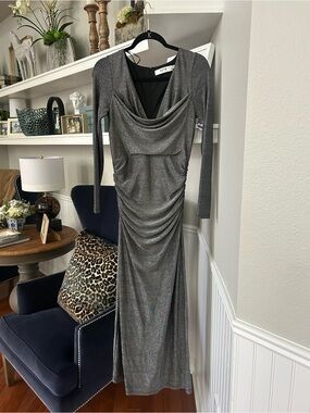 ASTR - the label Metallic Silver Long Sleeve Draped Evening Dress